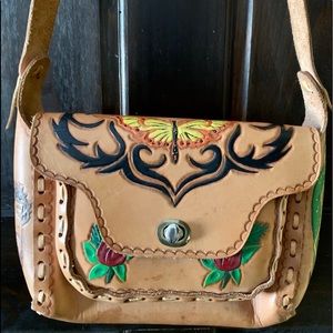 Unique  hand tooled and painted religious purse